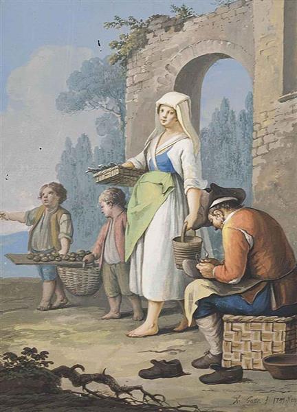 Seller with two children and cobbler, 1799 - Saverio della Gatta