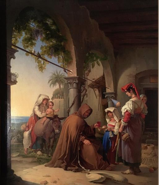 The mendicant monk hosted by a rural family, c.1830 - Theodor Leopold Weller