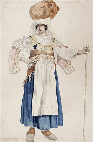 Standing woman in the costume of Cervara, a tied pouch on her head and with a walking stick - Theodor Leopold Weller