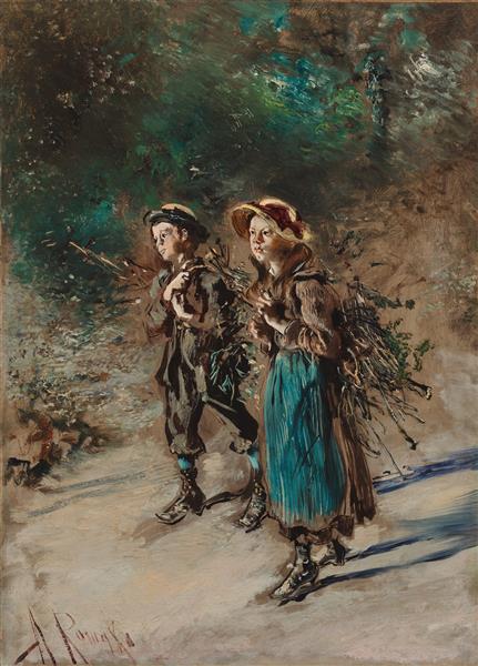Children collecting brushwood - Anton Romako