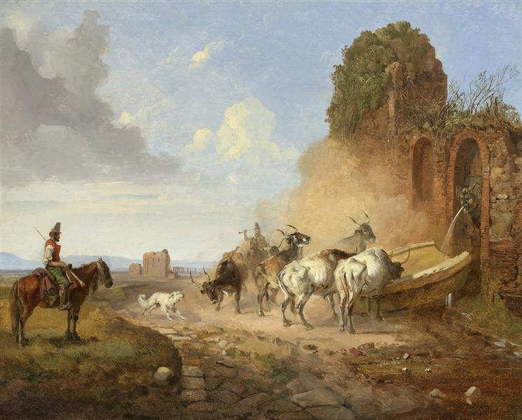 Cattle Watering at a Fountain on the Via Appia Antiqua, the Ruins of An Aqueduct in the Background - Heinrich Bürkel