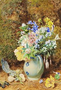 Pale blue china jug with heaths and small flowers - William Henry Hunt