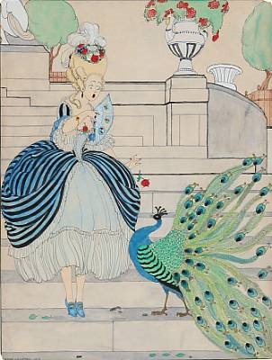 Young Girl in Rococo Dress Frightened by a Peacock, 1918 - Герда Вегенер
