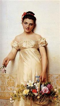 Portrait of a Young Lady Holding a Basket of Flowers - Giovanni Costa