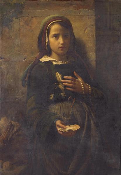 Portrait of a Young Girl, standing, three quarter length, holding a sea shell and rosary, 1872 - Émile Auguste Hublin