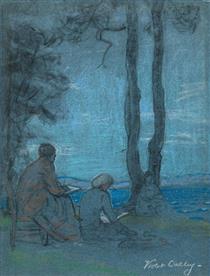 Two Figures Seated at Lakeside - Violet Oakley