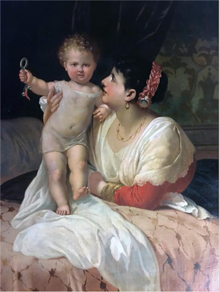 Maternal painting of a woman in her room with child, 1881 - Эмиль Мюнье