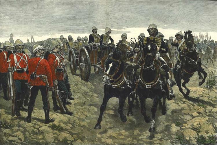 An Ammunition Box and Mounted Gunners of E/b Battery Royal Horse Artillery Passing Men of the 66th Foot Before the Battle of Maiwand, 1880 - Richard Caton Woodville Jr.