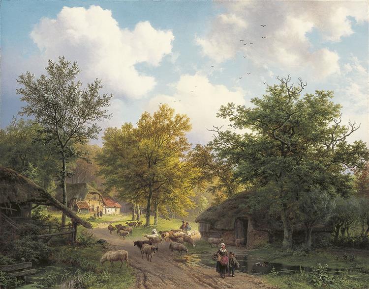 Forest landscape with farm huts and flock near a sheep pen, 1835 - Barend Cornelis Koekkoek