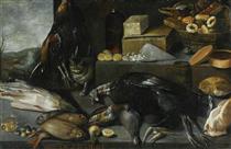 An allegory of the month of december, with a cat and a still life of fowl, fish - Francisco Barrera