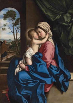 The Madonna and Child embracing in an  interior, a landscape with Saint Joseph beyond - Giovanni Battista Salvi da Sassoferrato