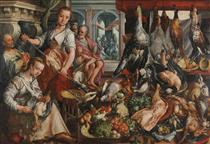 The well-stocked kitchen, with Jesus in the house of Martha and Mary in the background - Joachim Beuckelaer