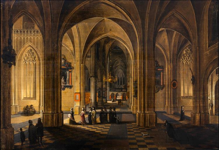 A Nocturnal Interior of a Gothic Cathedral with a Candlelit Procession - Pieter Neefs I