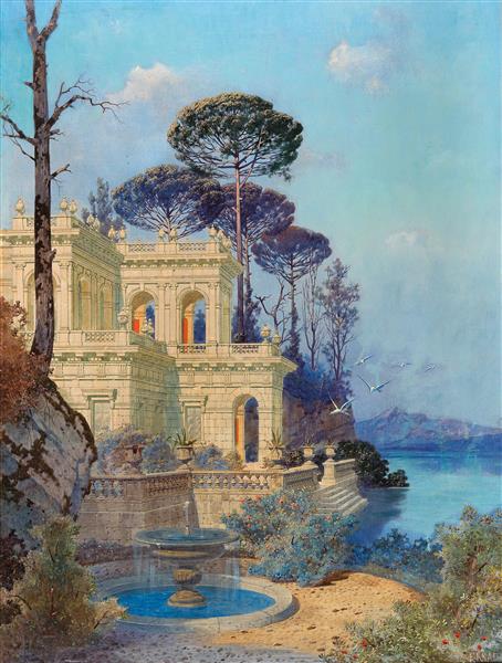 Villa, a Fountain by the Lake in the Foreground, 1899 - Ferdinand Knab