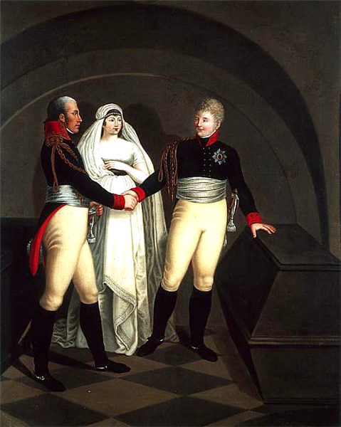 Czar Alexander I venerates the mortal remains of Frederick the Great in presence of King Frederick William III and Queen Louisa in 1805, c.1806 - Franz Ludwig Catel