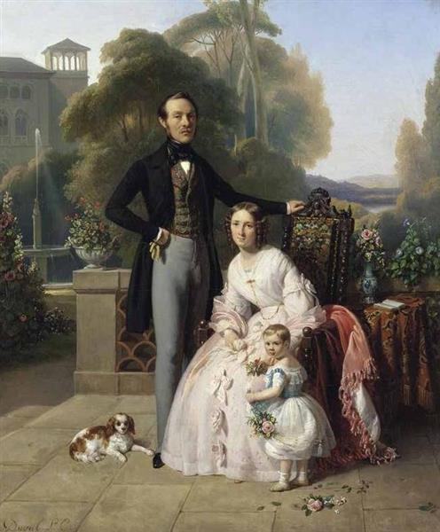 Ivan Mikhailovich Skoropadsky with his wife Elizaveta Petrovna Skoropadskaya (nee Tarnovskaya) with her daughter Natalia, 1842 - Pierre Duval Le Camus