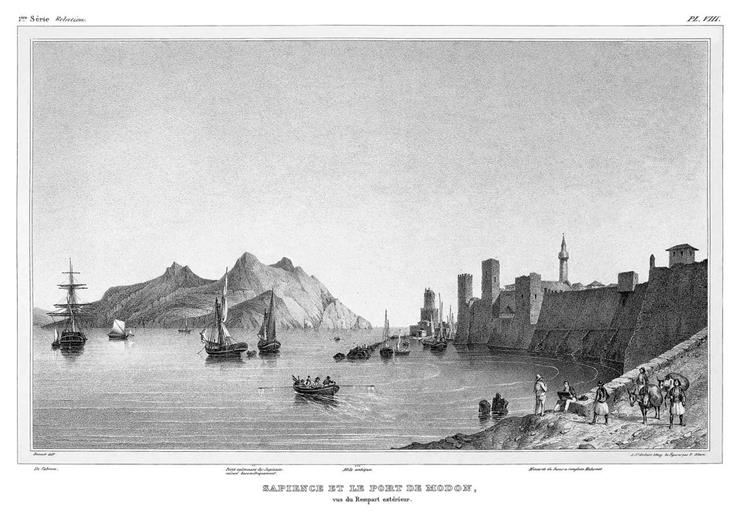 Sapience and the Port of Modon seen from the exterior rampart, Morea Expedition 1829, 1836 - Prosper Baccuet