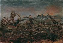 Dance of death on the battlefield in front of burning ruins - Anton Romako