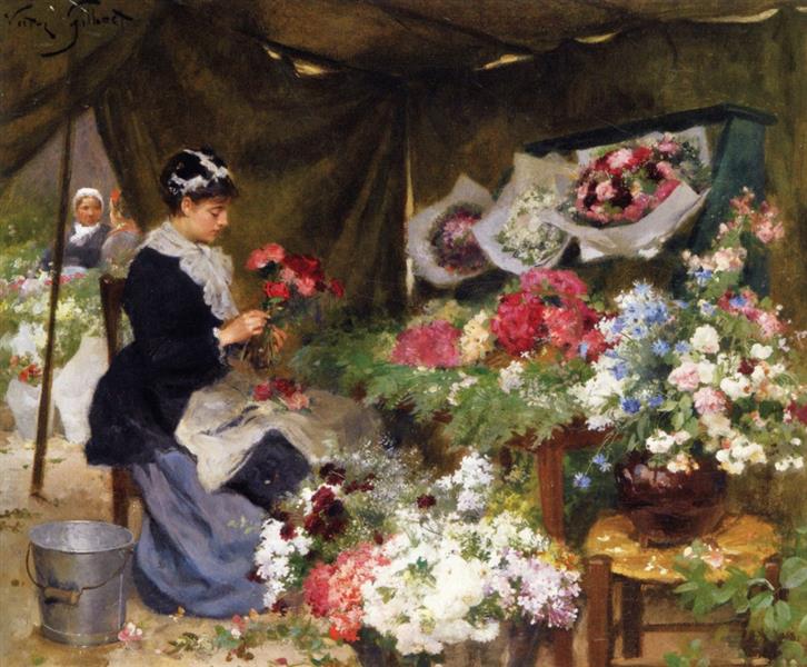 Flower seller making a bouquet - Victor Gilbert