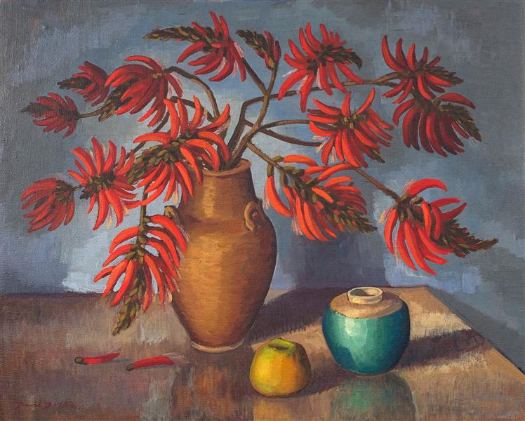 Still Life with Coral Tree Branches in a Vase - David Botha