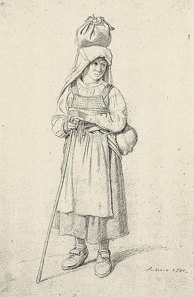 "Cervarola". Standing woman in traditional costume by Cervara, a tied pouch on her head and with a walking stick, 1830 - Theodor Leopold Weller