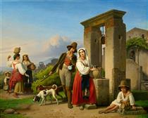 A Hunter and a Young Woman at a Well in Sora - Theodor Leopold Weller