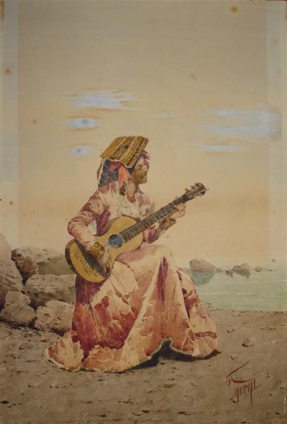 Woman playing a guitar, c.1890 - Filippo Indoni