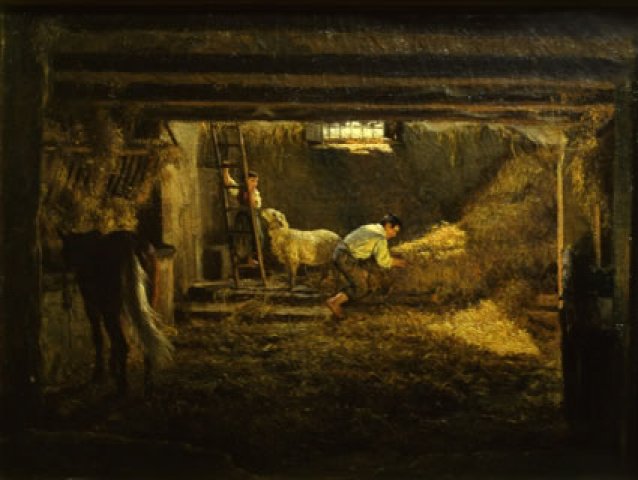 Interior of a stable, foreshortened horse and figures - Sun reflections, 1854 - Filippo Palizzi