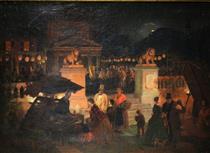 Procession with night party in the square of Gussago - Angelo Inganni
