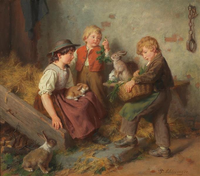 Children with the rabbits in the stable - Felix Schlesinger