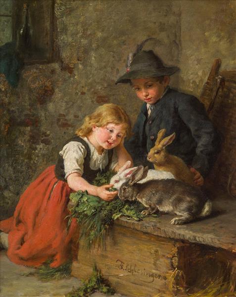 Two children feeding rabbits - Felix Schlesinger