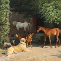 Morning At The Stable Door. While the colt is being dressed, the foal makes acquaintance. - Jørgen Sonne
