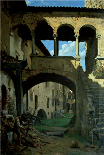 Interior of a Trentino castle, partially ruined with a male figure working with a sickle - Achille Glisenti