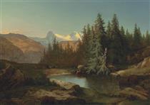 Little mountain lake, view of the Bernese Alps - Alexandre Calame