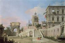 Capriccio of twin flights of steps leading to a palazzo - Canaletto
