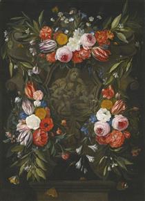 A Garland of Flowers Around a Sstone Cartouche Depicting the Virgin and Child and Saint John, - Jan van Kessel the Elder