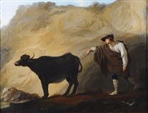 Shepherd and buffalo leaving a cave - Jean Barbault