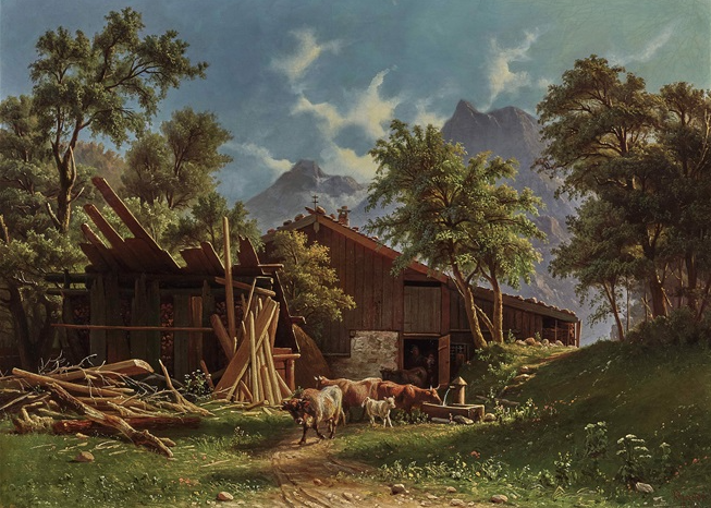 Cows in front of stable in mountain landscape - Knut Baade