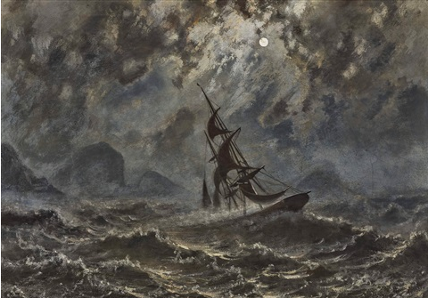 Sailboat on stormy sea under full moon - Knud Baade