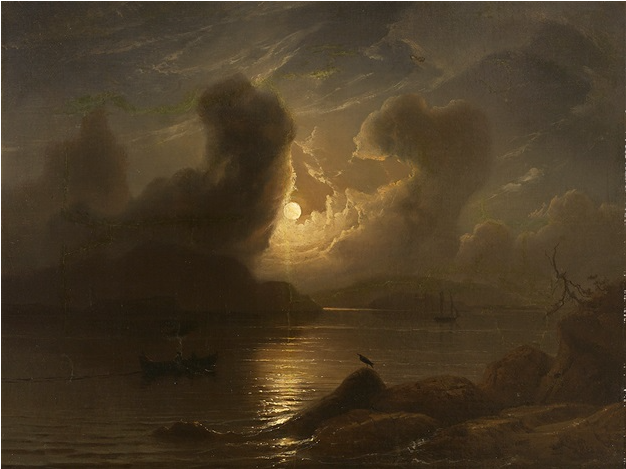Full moon over river landscape with fishing and sailing boat, 1852 - Knud Baade