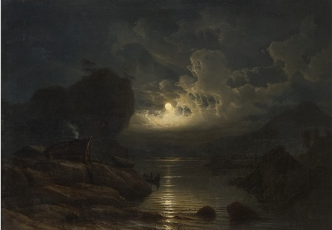 Coastal landscape with people living in moonlight, 1852 - Knud Baade