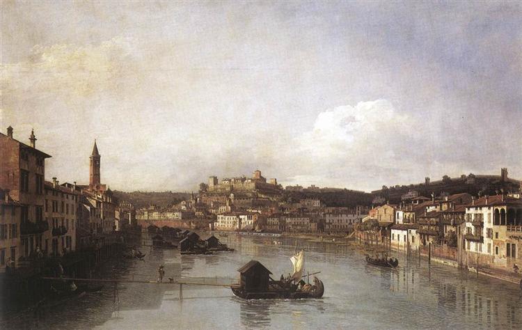 View of Verona and the River Adige from the Ponte Nuovo, 1747 - Белотто Бернардо