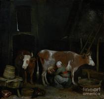 A Maid Milking A Cow In A Barn - Gerard Terborch
