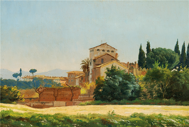 The church of San Bonaventura al Palatino, seen from the old Imperial Palace. In the background the Alban hills, 1886 - Wenzel Tornøe
