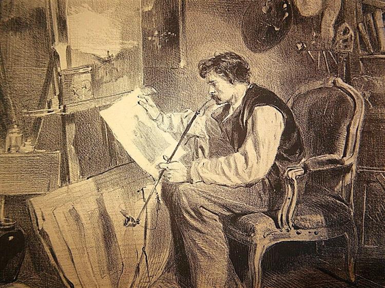 In the artist studio (Self-portrait), c.1860 - Клеман-Огюст Андриё