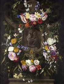 A Garland Surrounding a Stone Cartouche with the Holy Family - Daniel Seghers