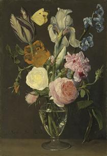 Roses, tulips, irises and other flowers in a glass vase with a cabbage white butterfly - Daniel Seghers