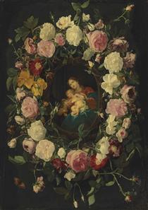 A garland of roses, with Red Admirals, wasps, ladybirds and other insects, with the Virgin and Child with the Infant Saint John the Baptist in a sculpted cartouche - Daniel Seghers
