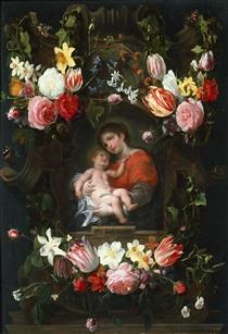 Garland of Flowers with Madonna and Child - Daniel Seghers