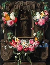 Swags of flowers surrounding a cartouche with the Virgin and Child - Daniel Seghers